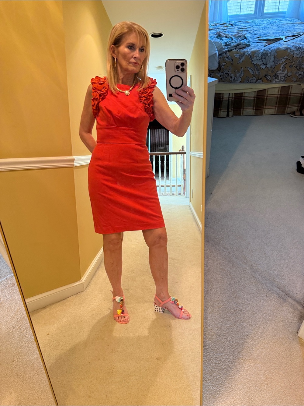 Trina Turk Coral Red Sleeveless Ruffle-Shoulder Sheath Dress